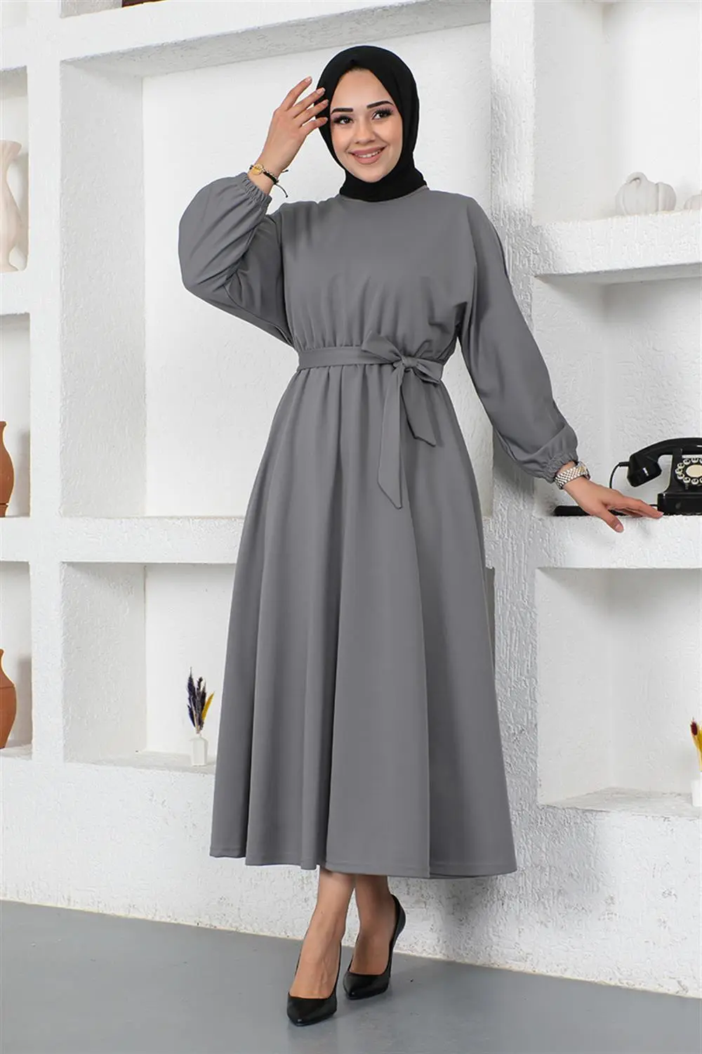 Gathered Waist Belted Dress-detail