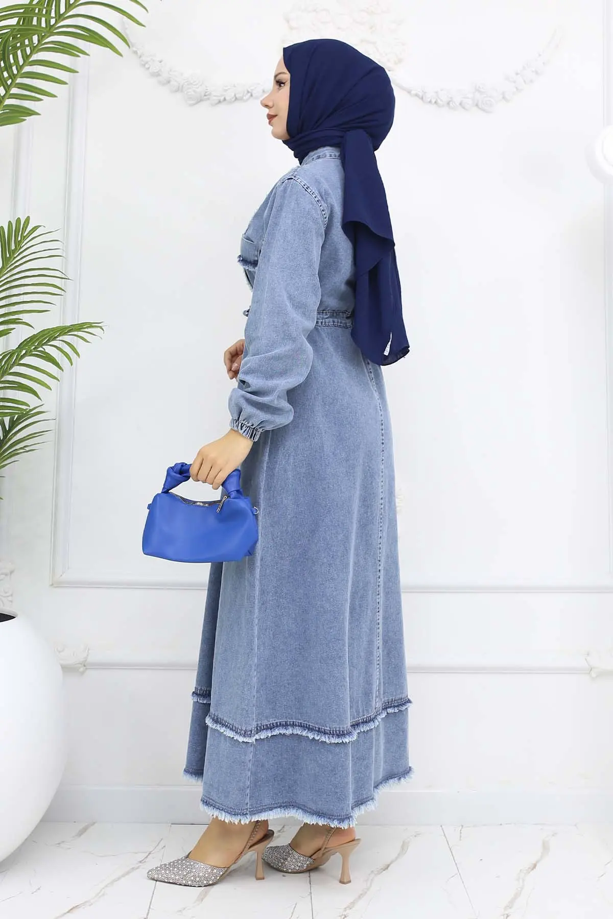 Beli Büzgülü Kot Elbise Mavi 6824-detail