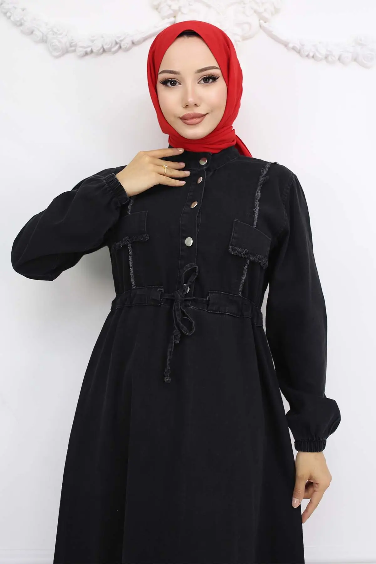 Beli Büzgülü Kot Elbise Siyah 6824-detail