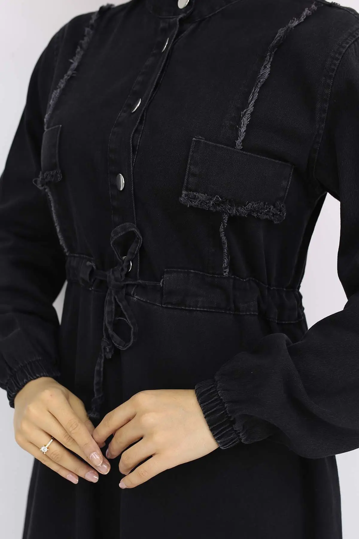 Beli Büzgülü Kot Elbise Siyah 6824-detail