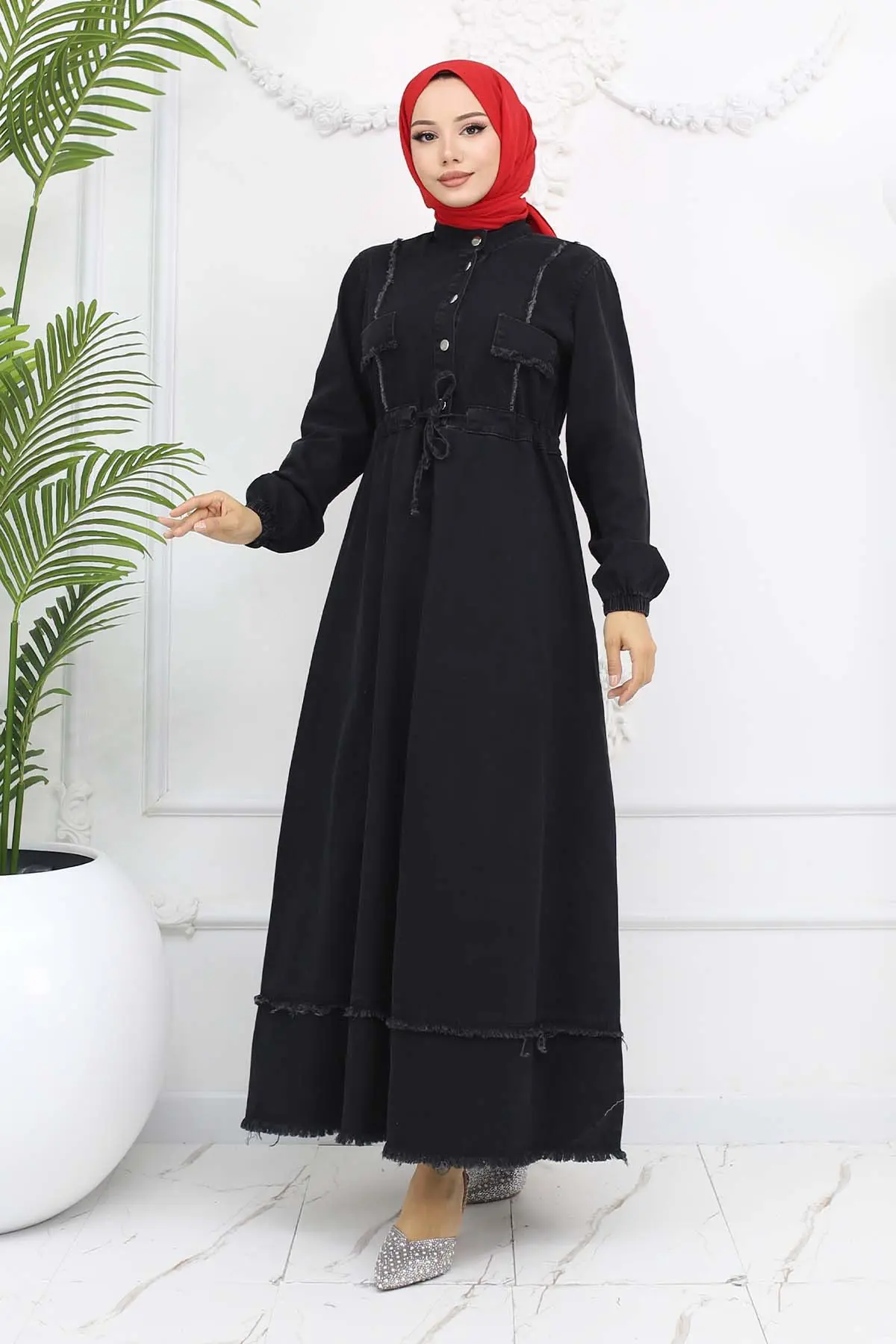 Beli Büzgülü Kot Elbise Siyah 6824-detail