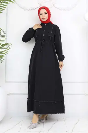 Beli Büzgülü Kot Elbise Siyah 6824