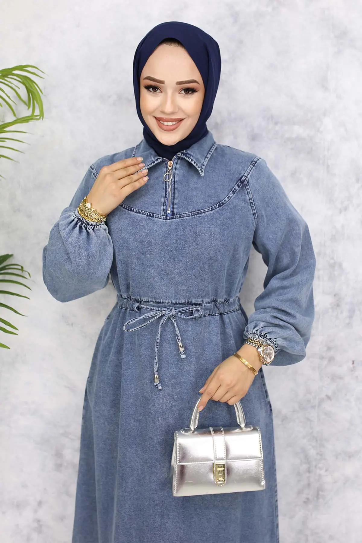 Denim Dress With Smocked Waist And Zippered Collar-detail