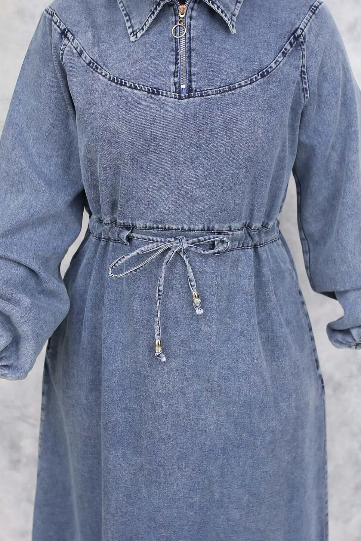 Denim Dress With Smocked Waist And Zippered Collar-detail