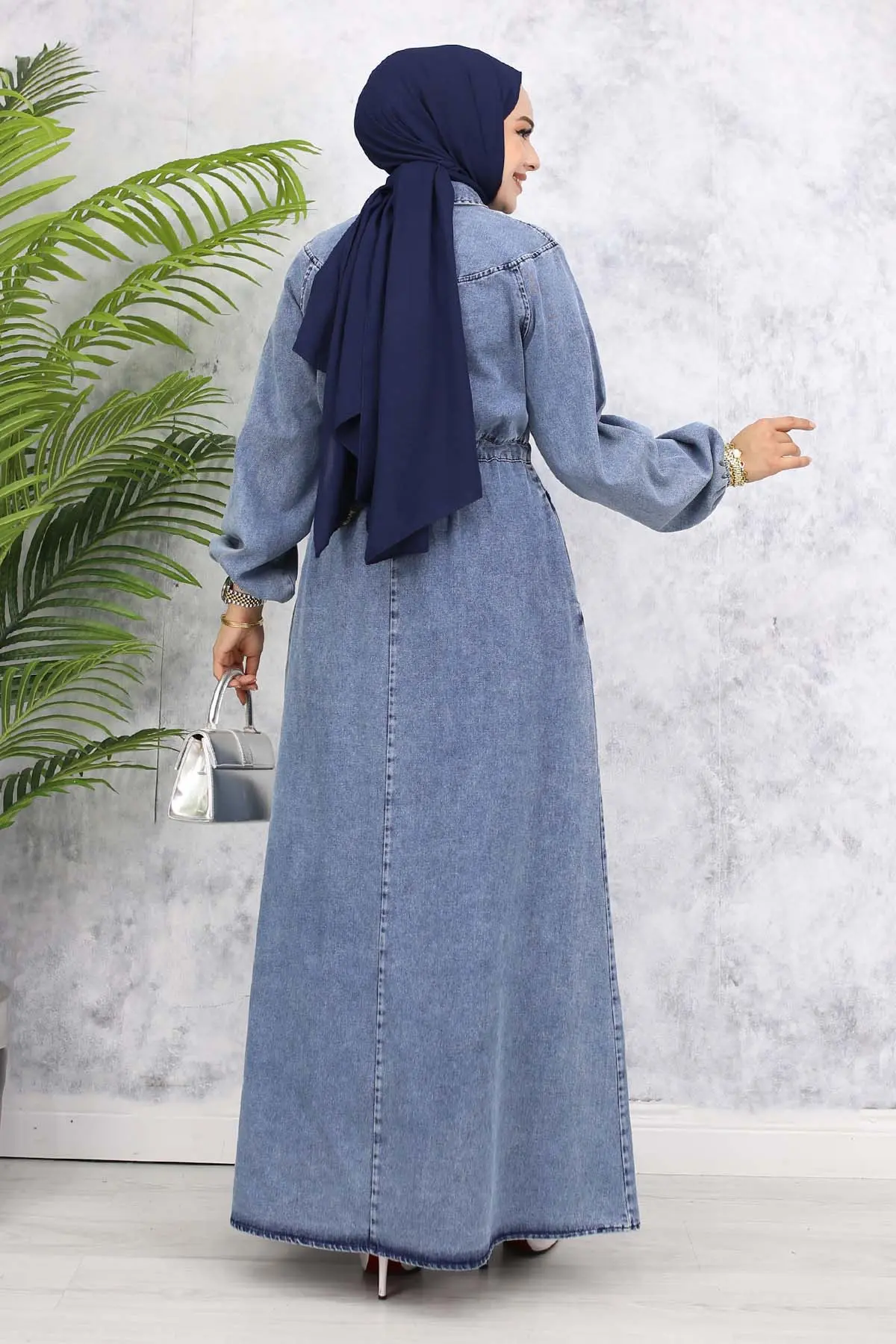 Denim Dress With Smocked Waist And Zippered Collar-detail