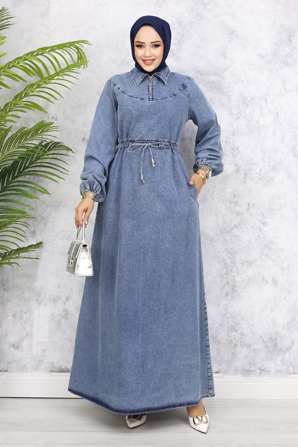Denim Dress With Smocked Waist And Zippered Collar