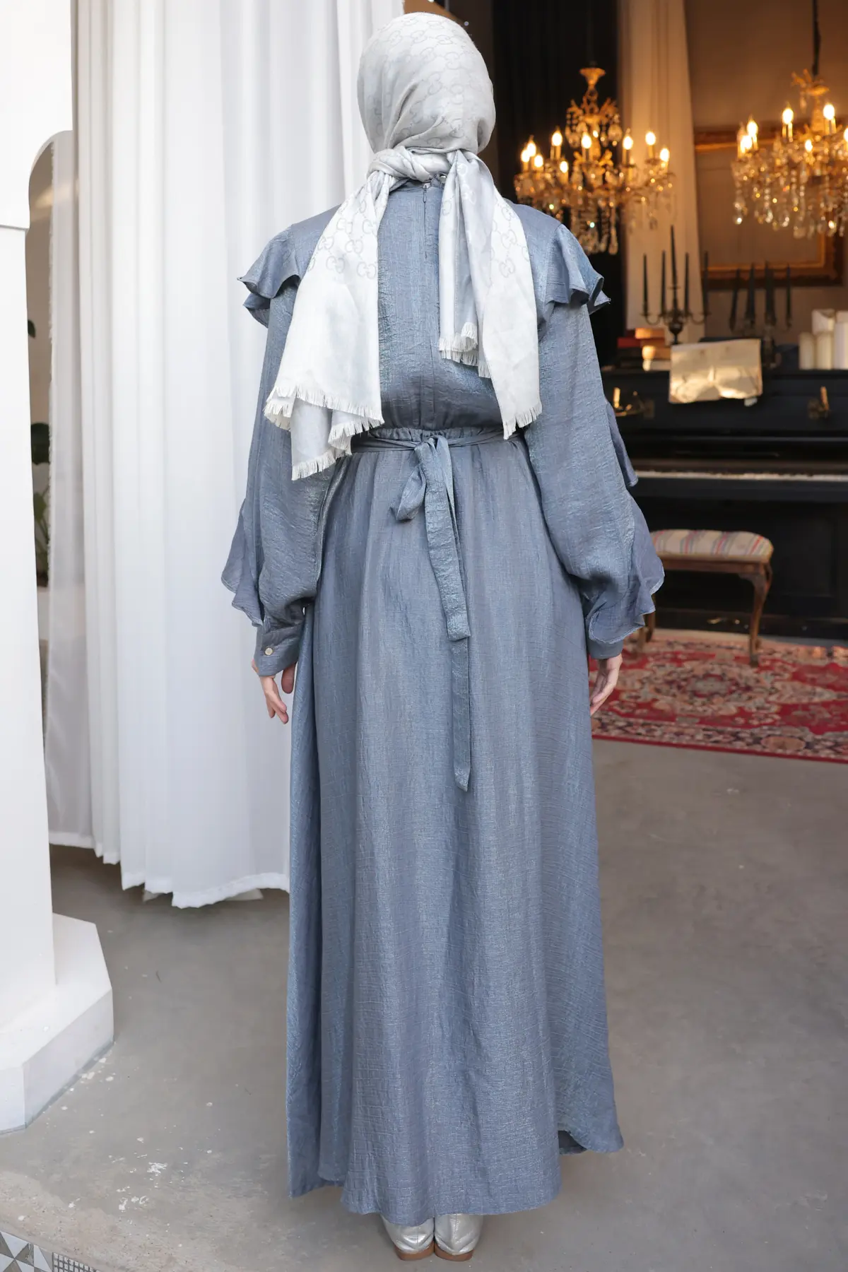 Beli Kuşaklı Fırfır Detaylı Elbise Gri 2092-detail