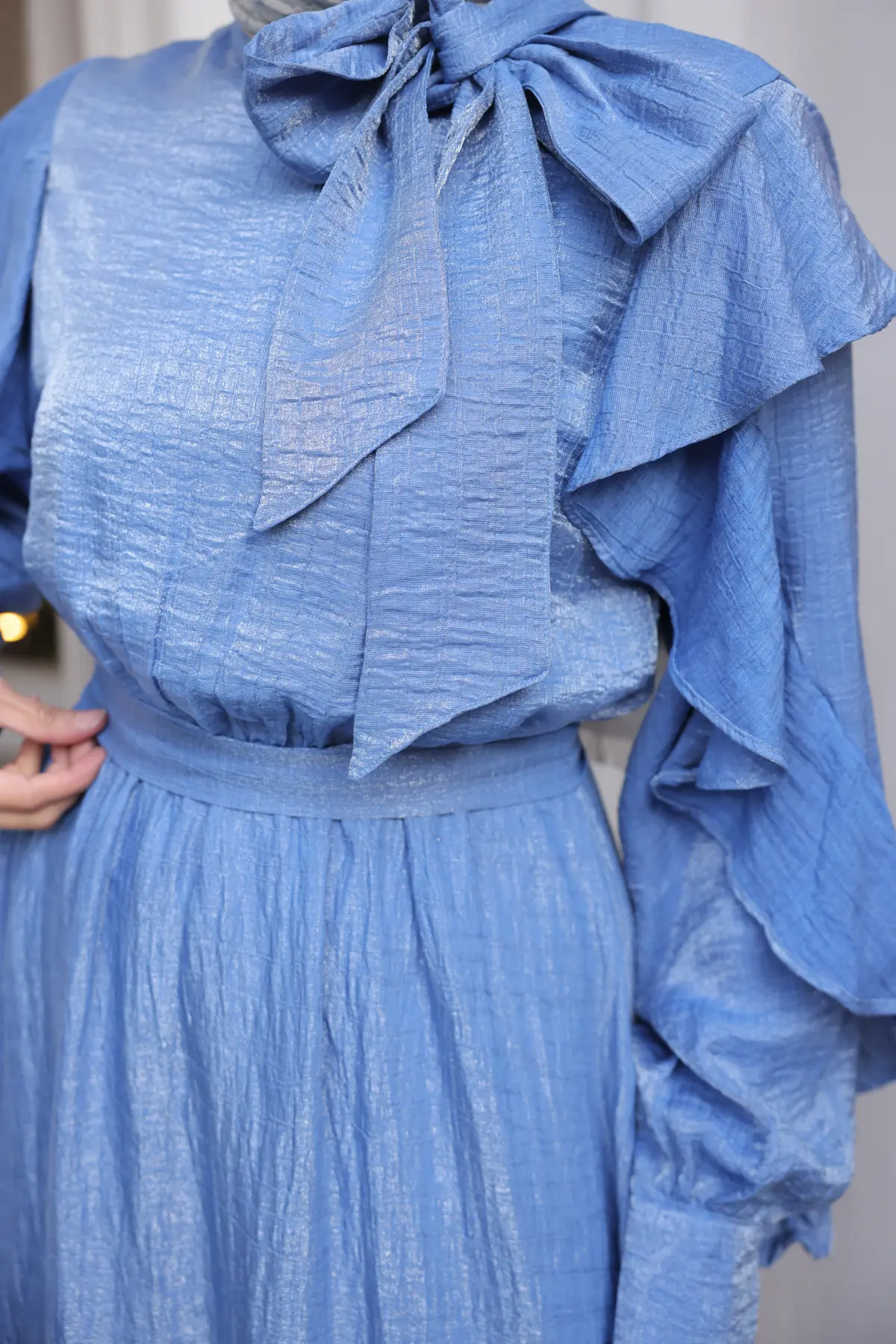 Beli Kuşaklı Fırfır Detaylı Elbise Mavi 2092-detail