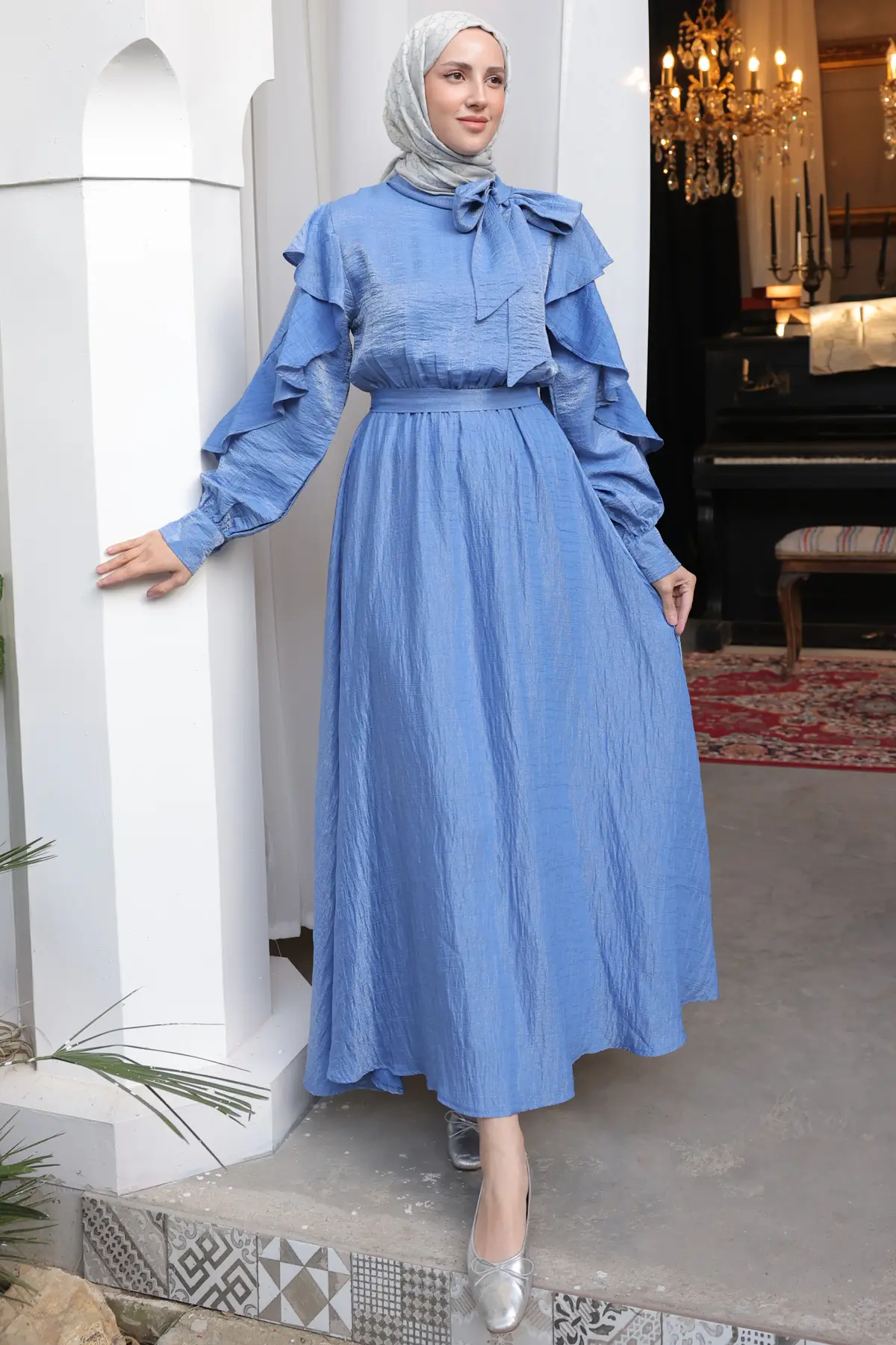 Beli Kuşaklı Fırfır Detaylı Elbise Mavi 2092-detail