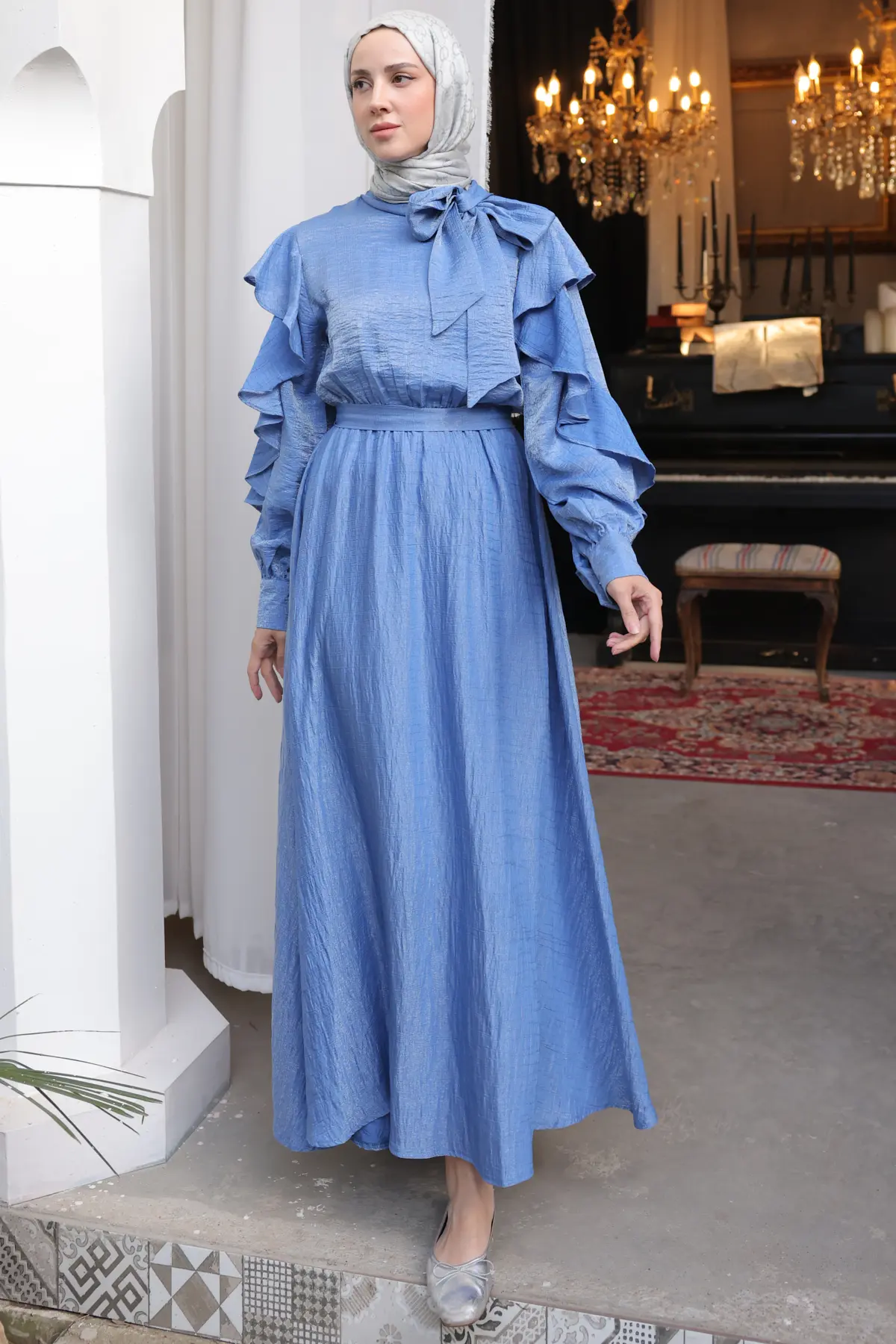 Beli Kuşaklı Fırfır Detaylı Elbise Mavi 2092-detail