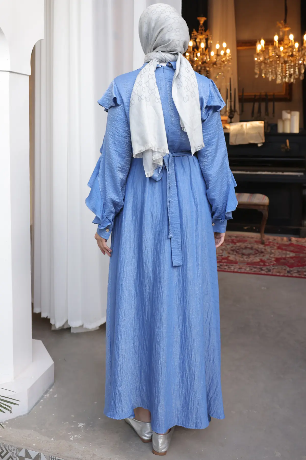 Beli Kuşaklı Fırfır Detaylı Elbise Mavi 2092-detail