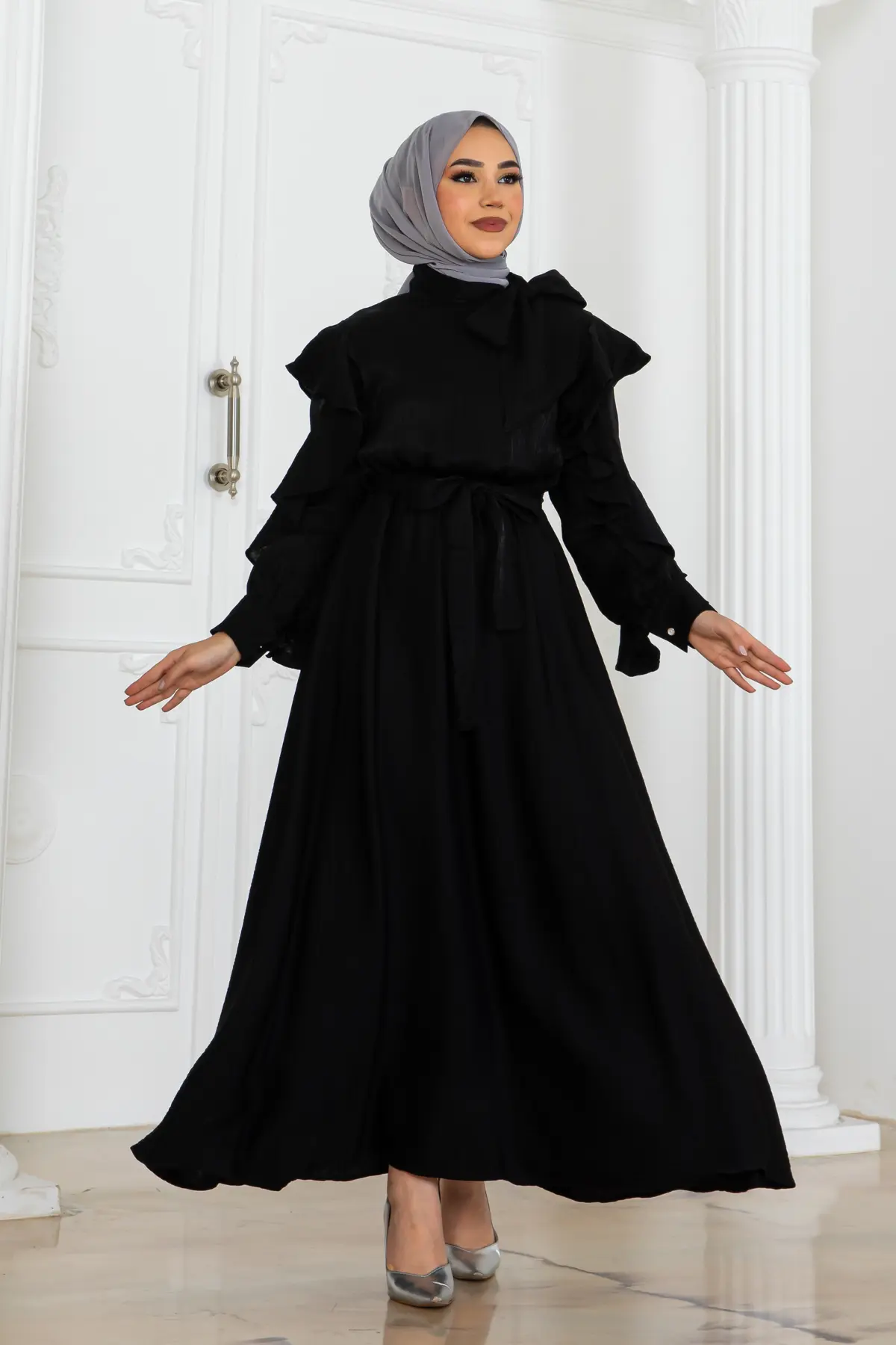 Beli Kuşaklı Fırfır Detaylı Elbise Siyah-detail
