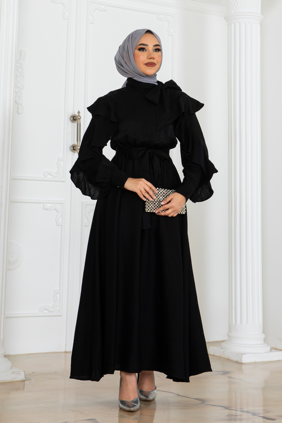 Waist Belted Ruffle Detailed Dress Black