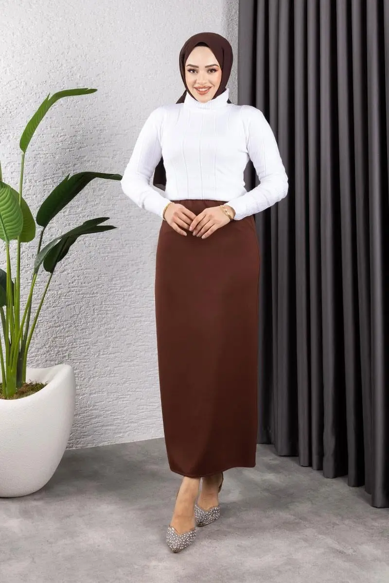 Beli Lastikli Kalem Etek Kahverengi-detail