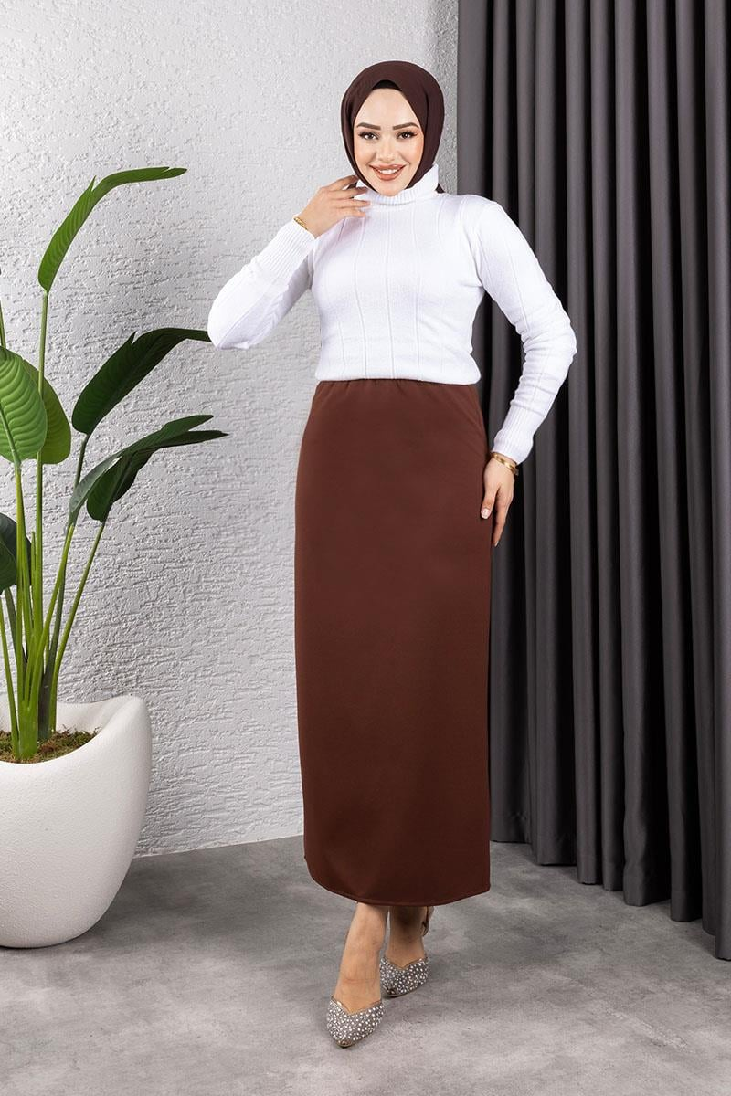 Beli Lastikli Kalem Etek Kahverengi