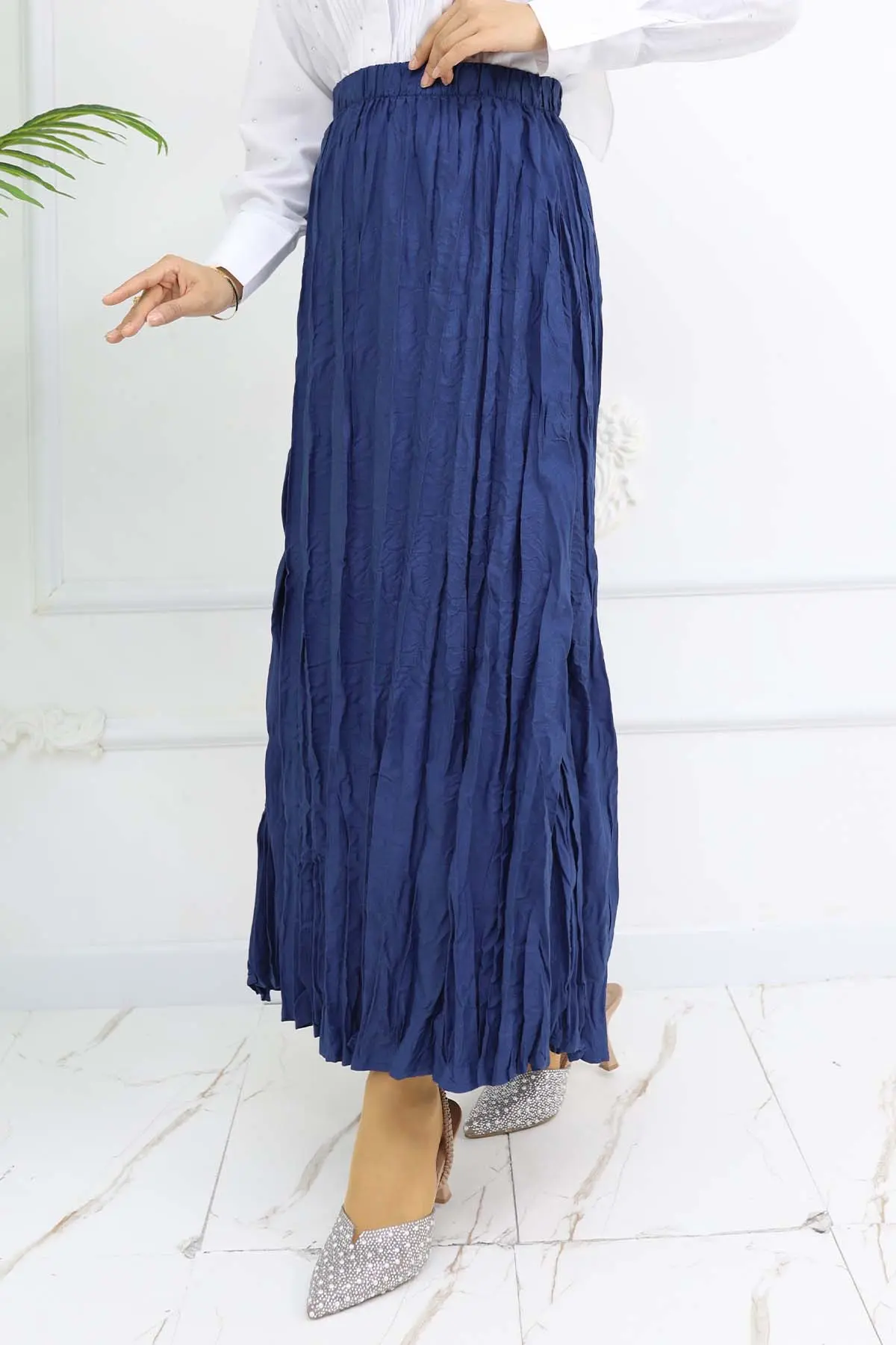 Beli Lastikli Kırışık Etek Lacivert 3435-detail