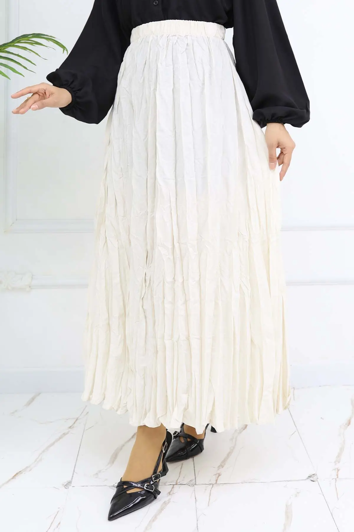 Beli Lastikli Kırışık Etek Taş Rengi 3435-detail