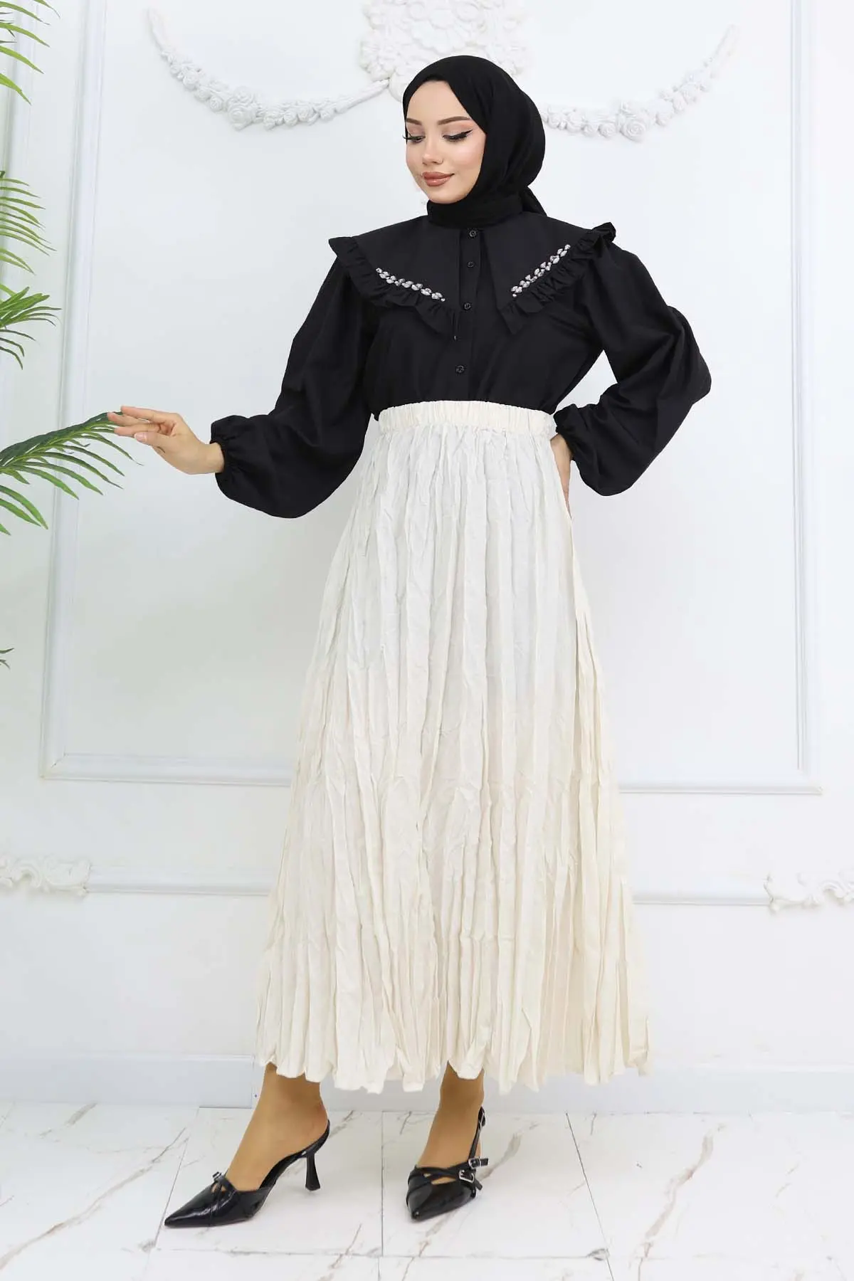 Beli Lastikli Kırışık Etek Taş Rengi 3435-detail