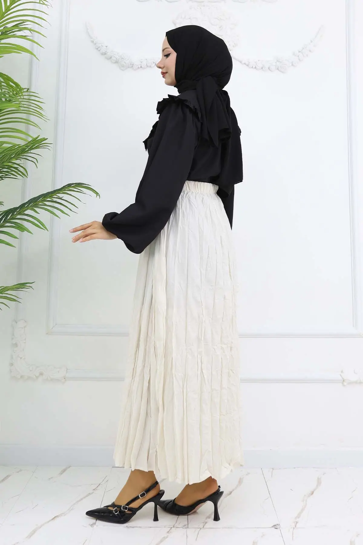 Beli Lastikli Kırışık Etek Taş Rengi 3435-detail