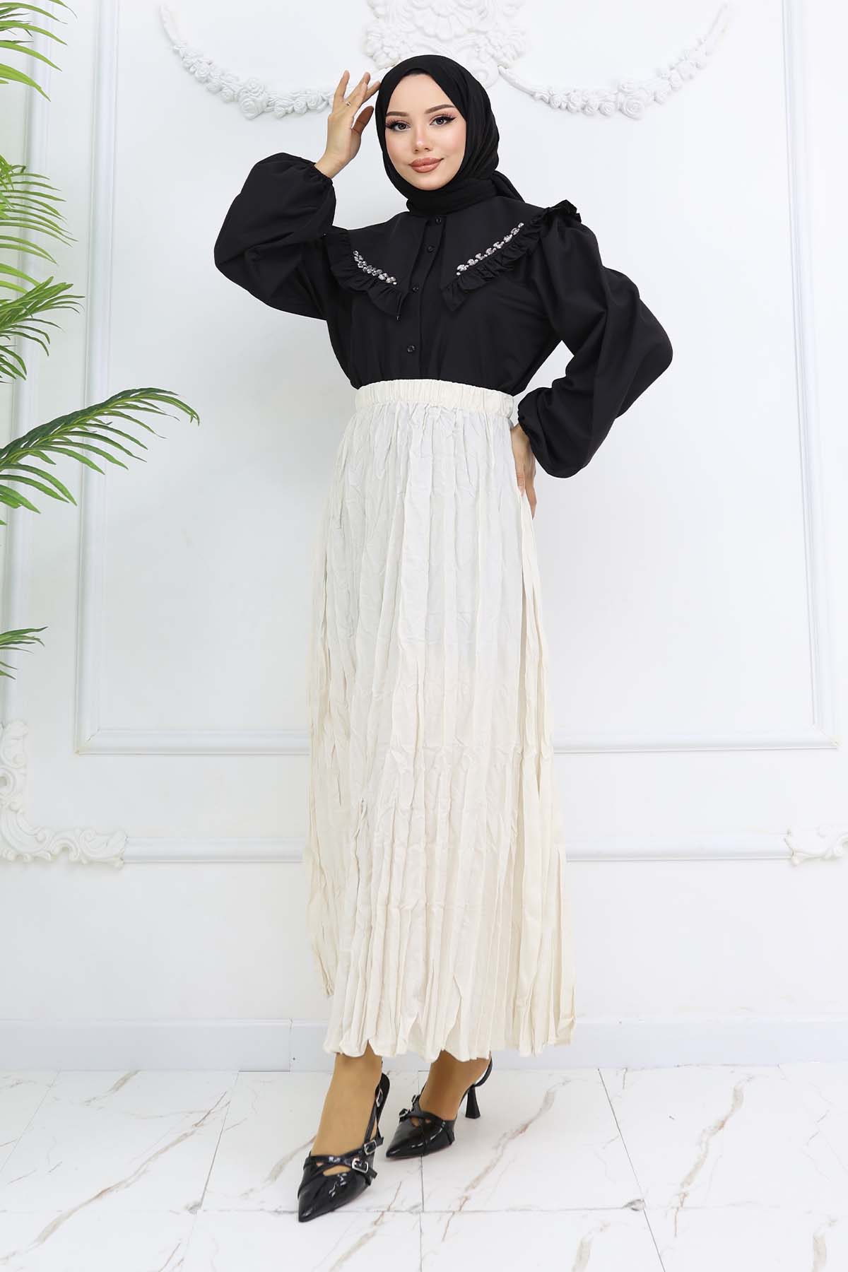 Beli Lastikli Kırışık Etek Taş Rengi 3435