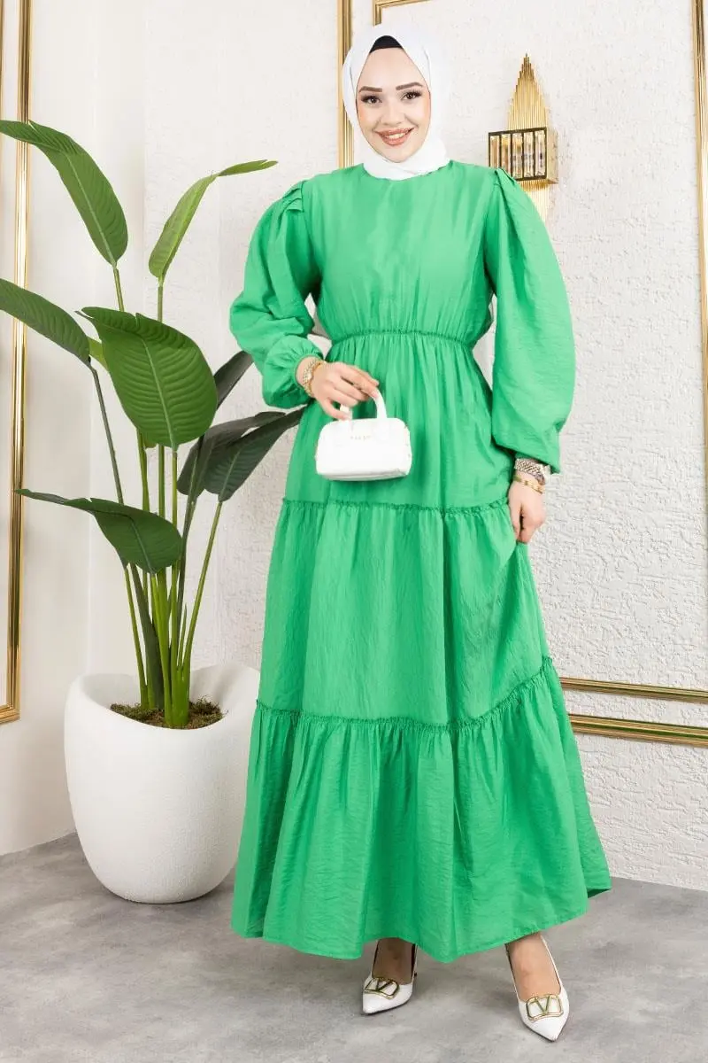 Beli Lastikli Tesettür Elbise Yeşil-detail