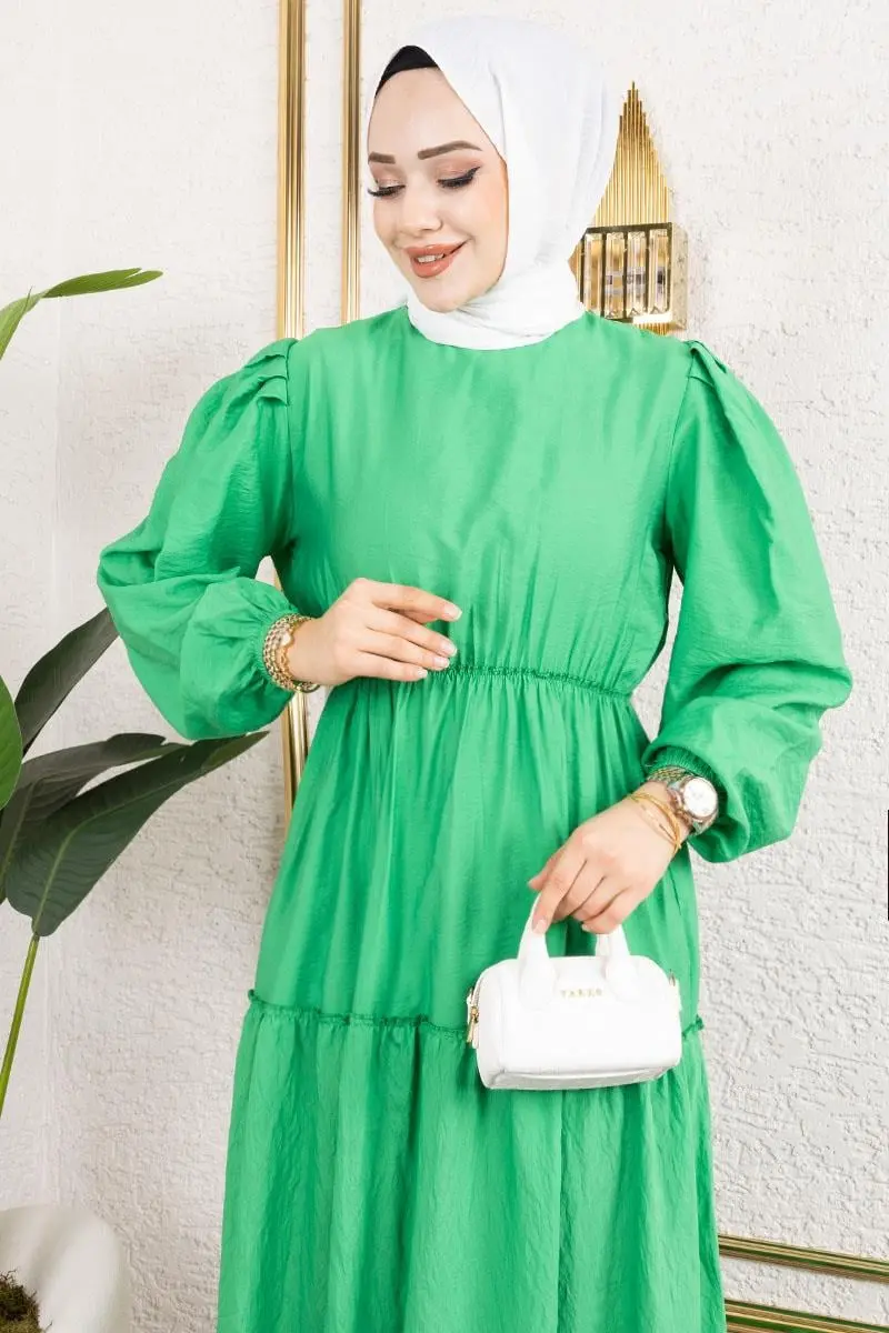 Beli Lastikli Tesettür Elbise Yeşil-detail