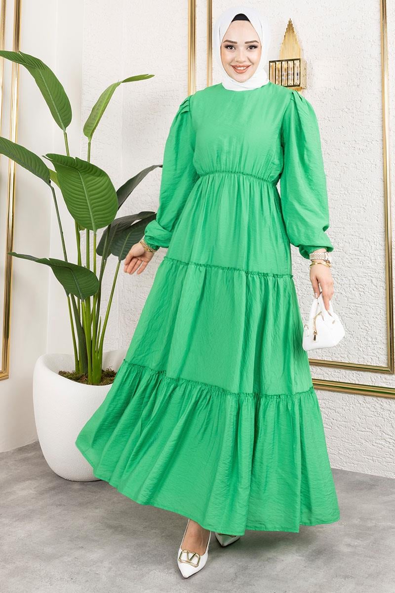 Beli Lastikli Tesettür Elbise Yeşil
