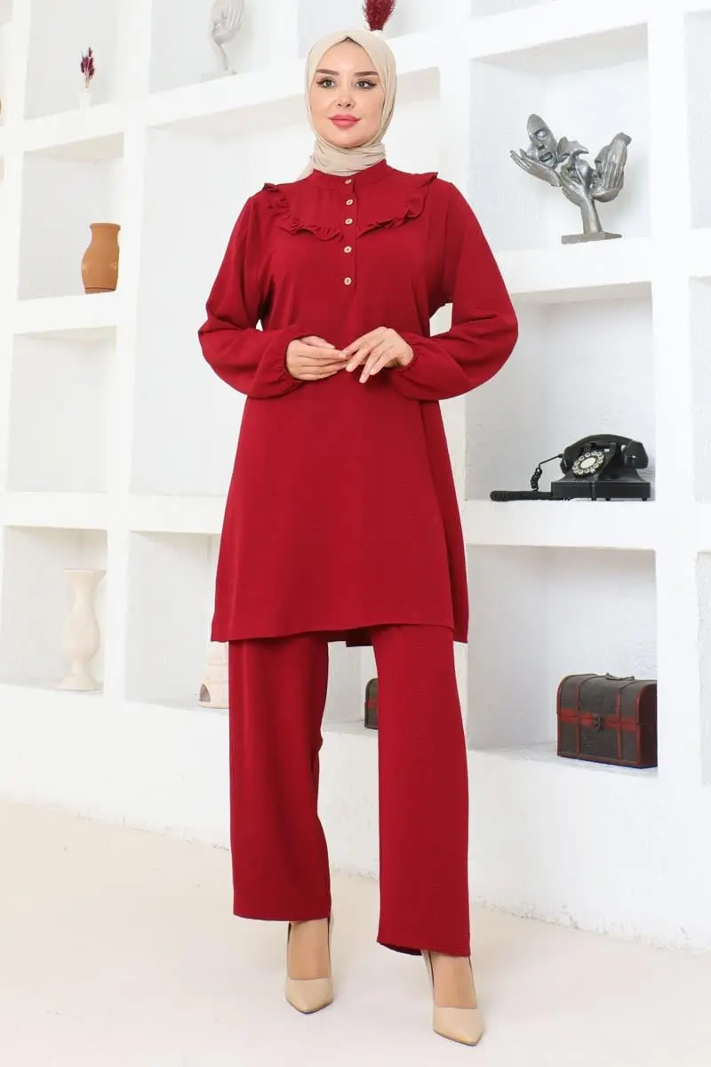 Bella Fırfırlı Aerobin Takım Bordo-detail