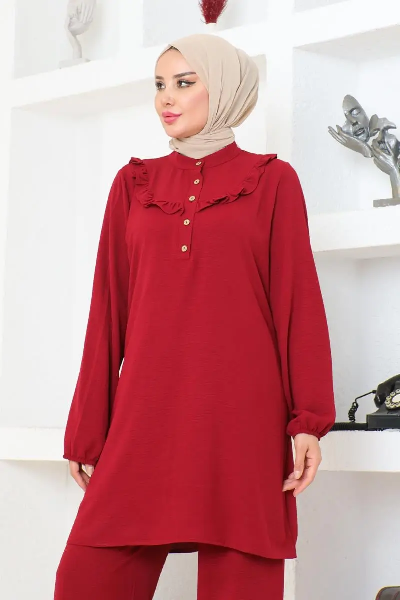 Bella Fırfırlı Aerobin Takım Bordo-detail