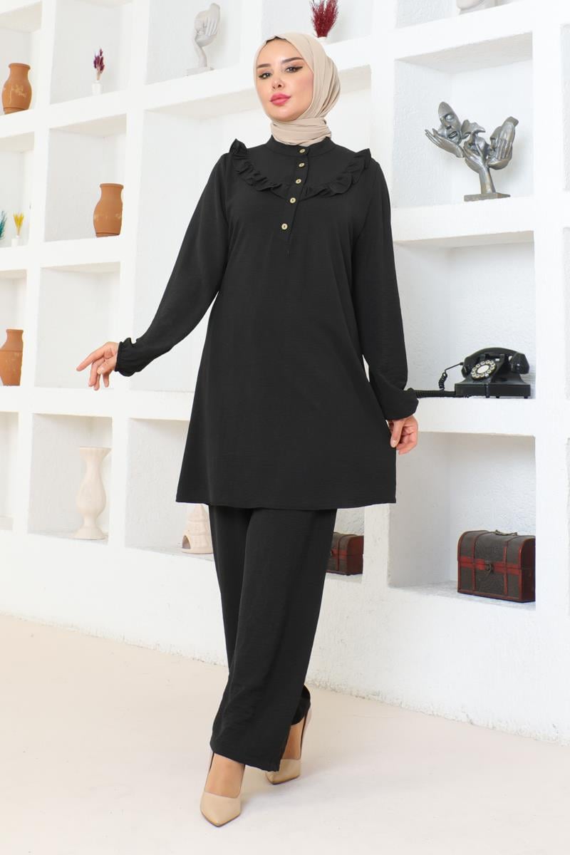 Bella Fırfırlı Aerobin Takım Siyah