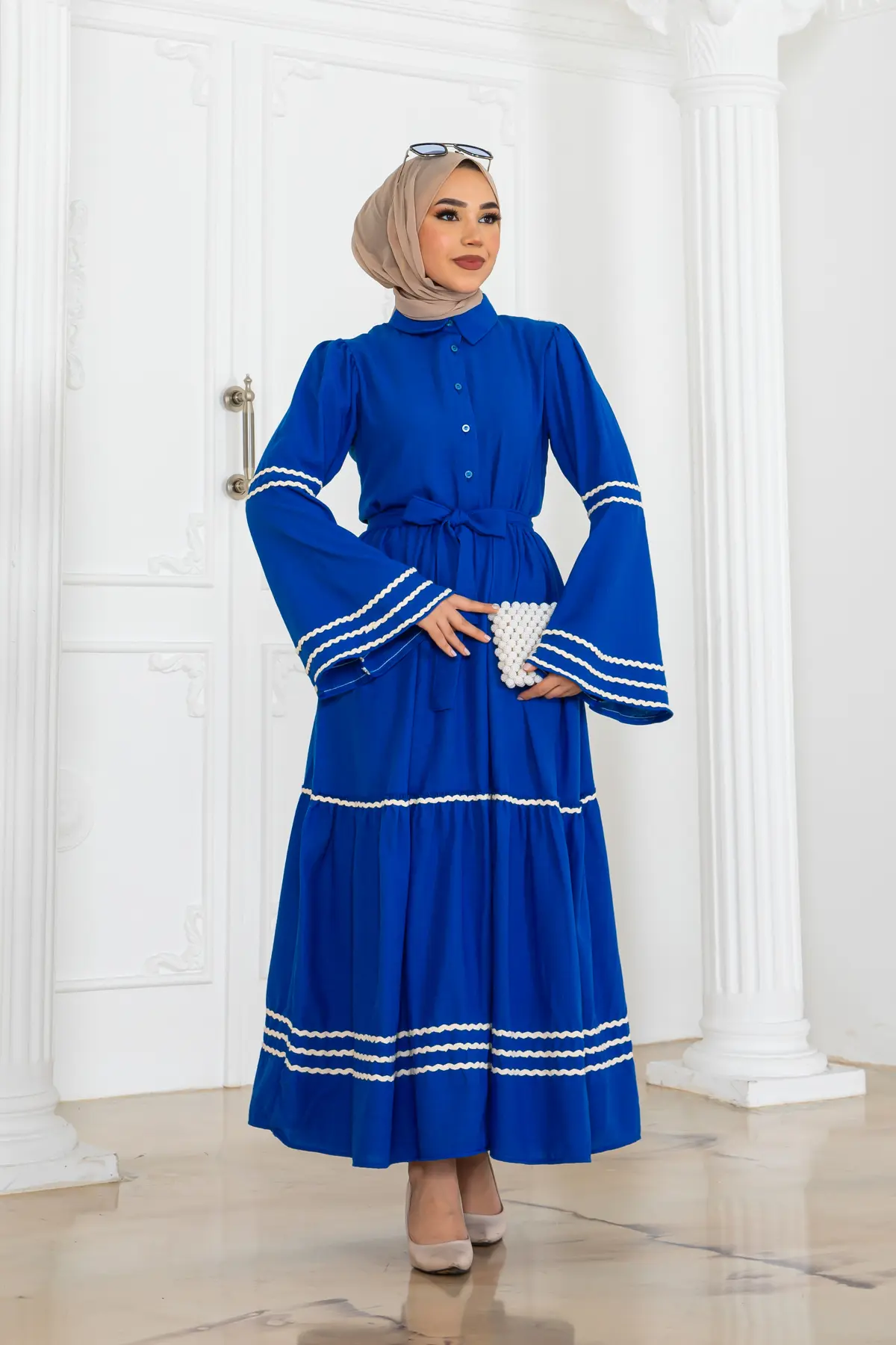 Biyeli Elbise Saks Mavisi-detail