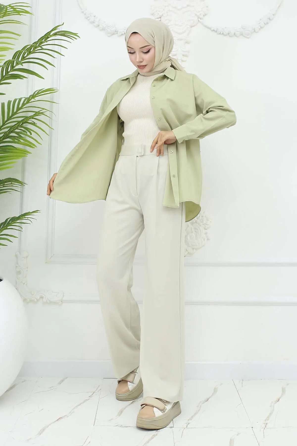 Bol Paça Palazzo Pantolon Taş Rengi 3044-detail