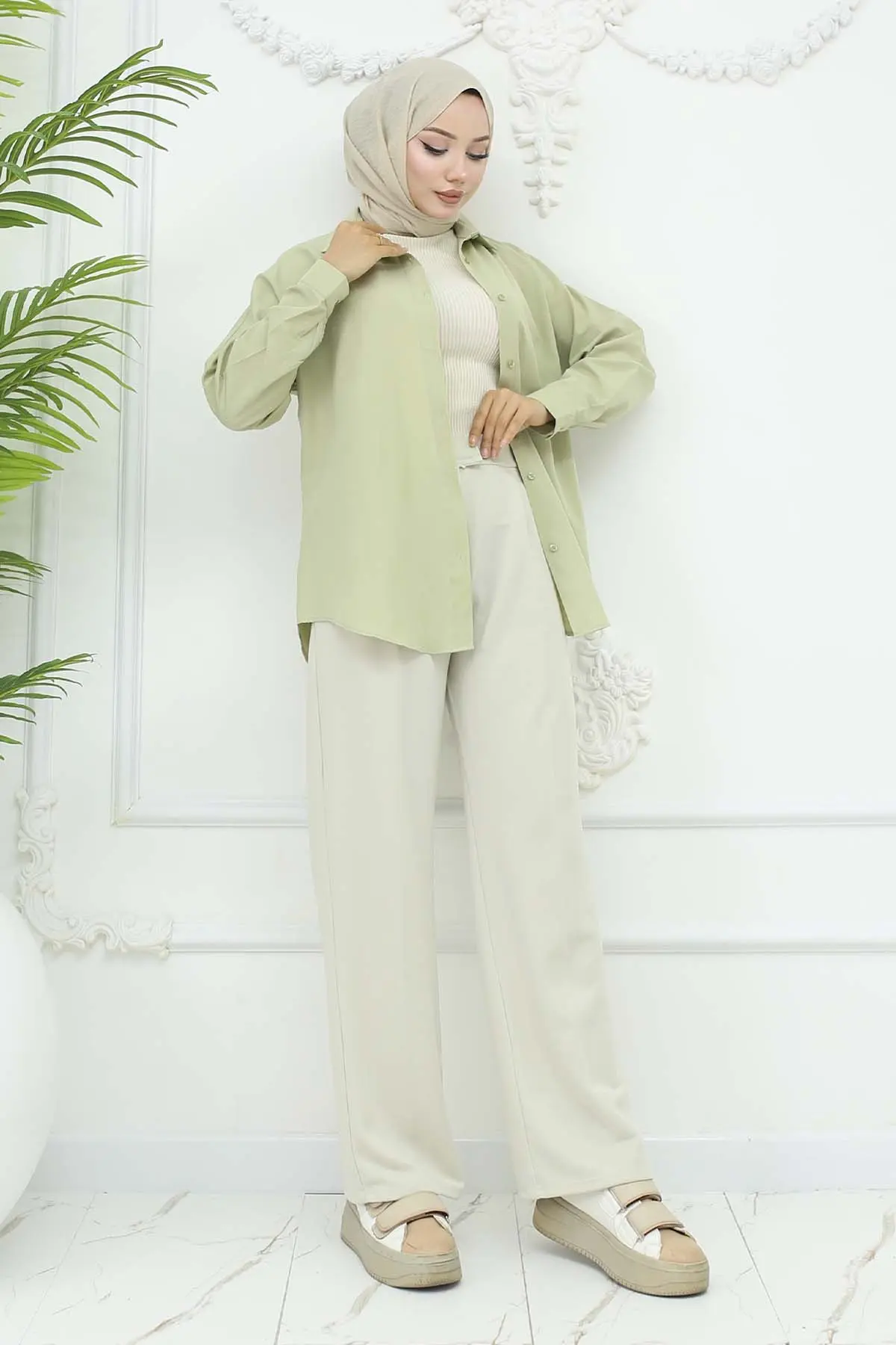 Bol Paça Palazzo Pantolon Taş Rengi 3044-detail