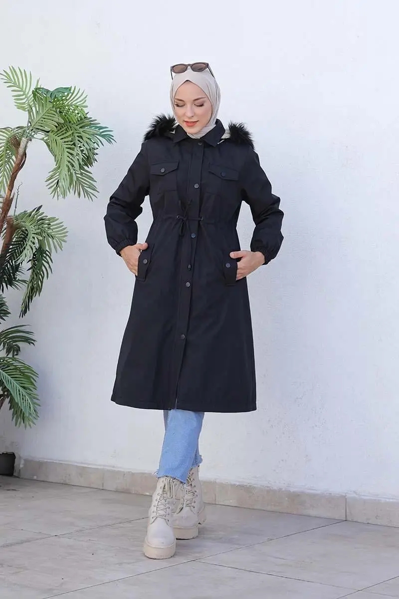 Bondit Kumaş Kürklü Kaban-detail