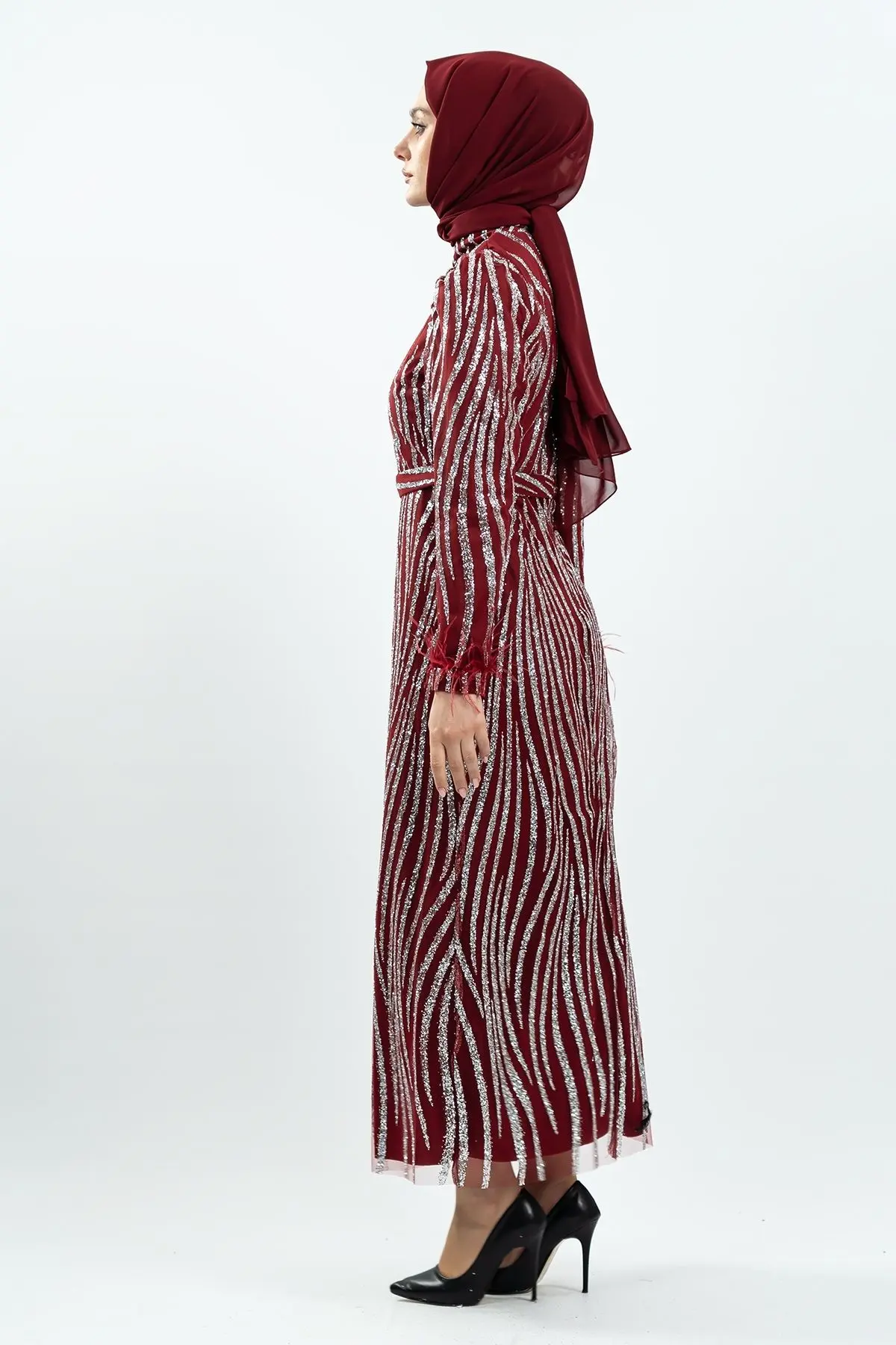 Bordo Simli Tüy Detaylı Abiye Elbise-detail