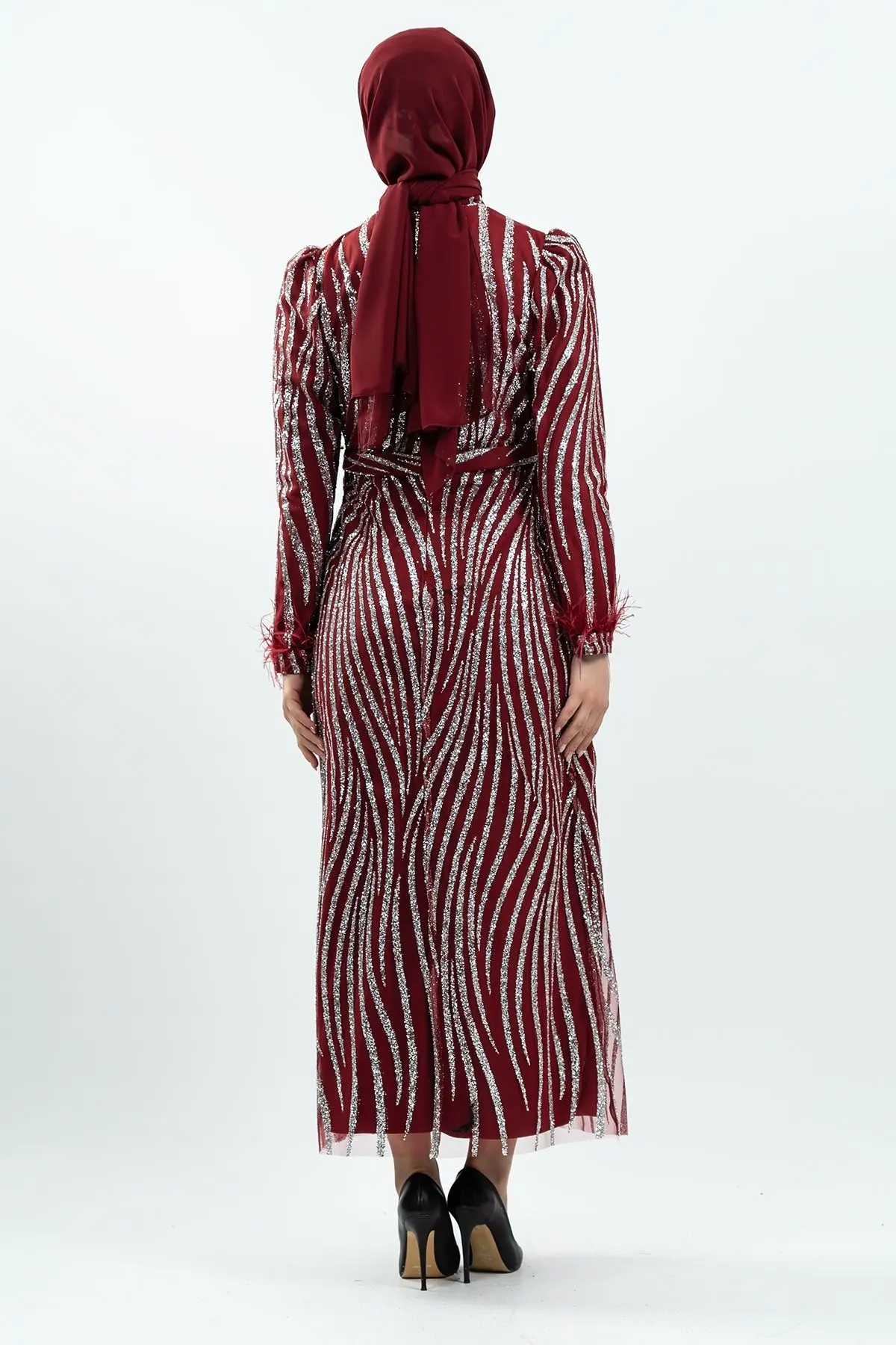 Bordo Simli Tüy Detaylı Abiye Elbise-detail