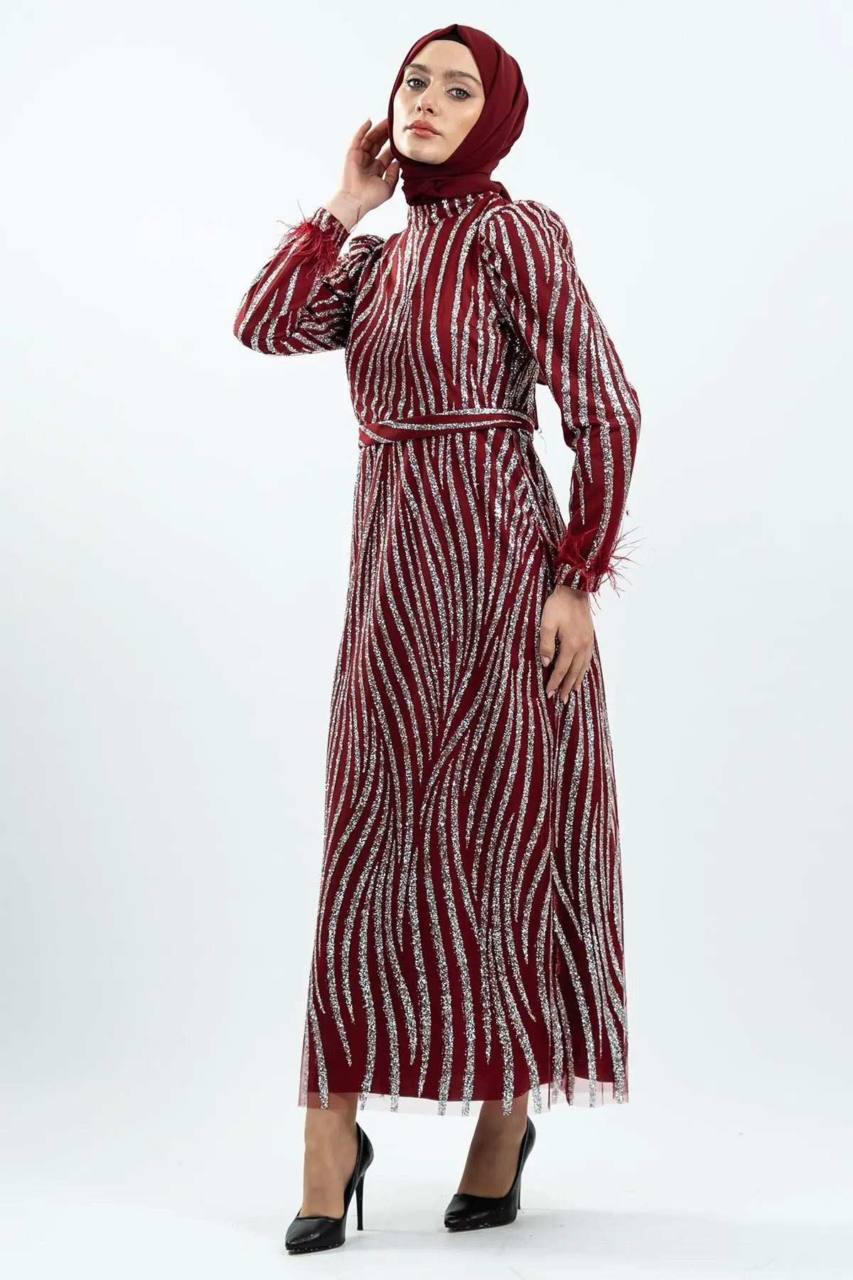 Bordo Simli Tüy Detaylı Abiye Elbise-detail