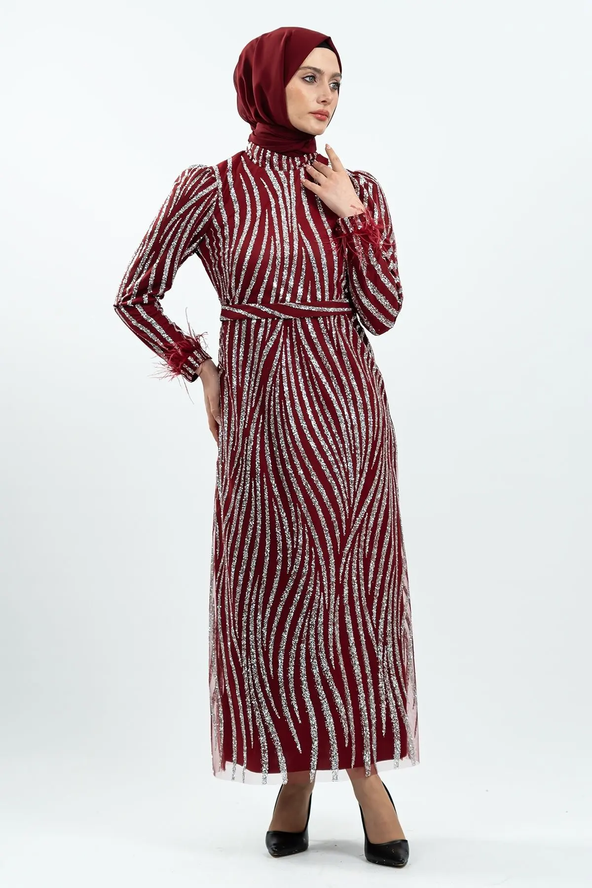 Bordo Simli Tüy Detaylı Abiye Elbise-detail