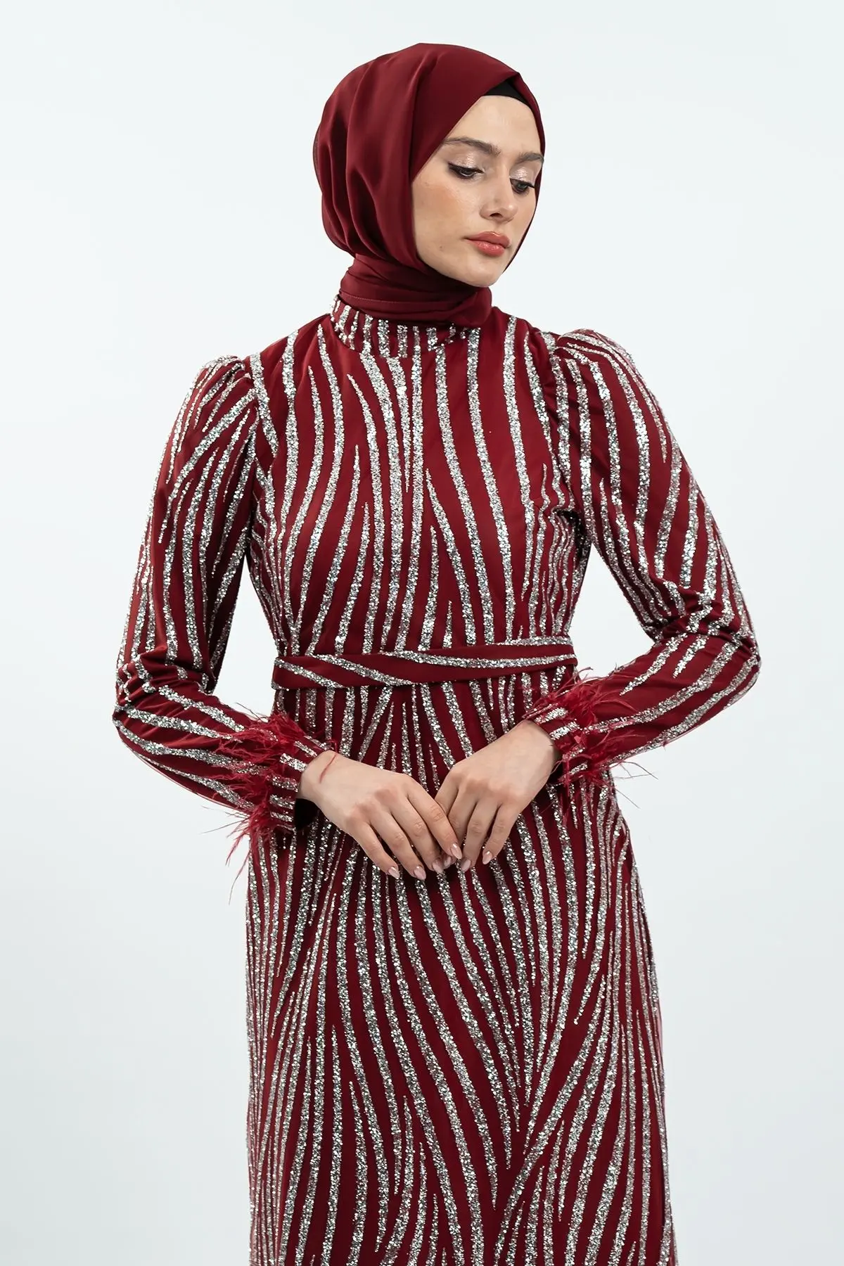Bordo Simli Tüy Detaylı Abiye Elbise-detail