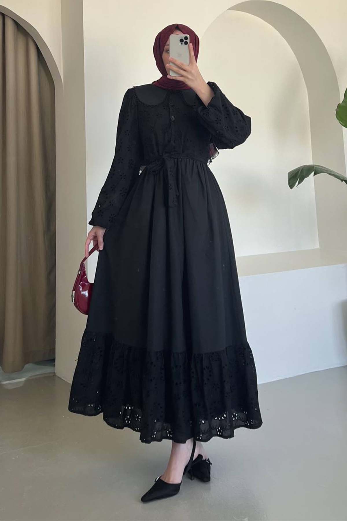 Brode Detaylı Bebe Yaka Elbise Siyah 1003-1