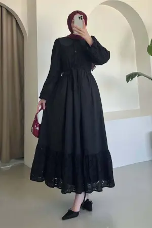 Brode Detaylı Bebe Yaka Elbise Siyah 1003-1