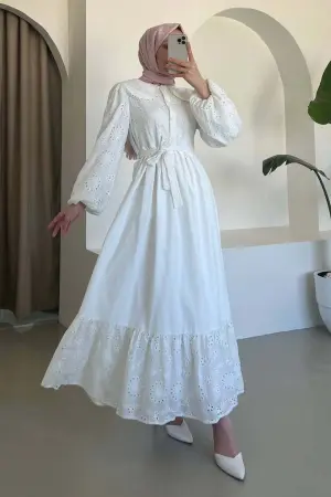 Brode Detaylı Bebe Yaka Elbise Beyaz 1003-1