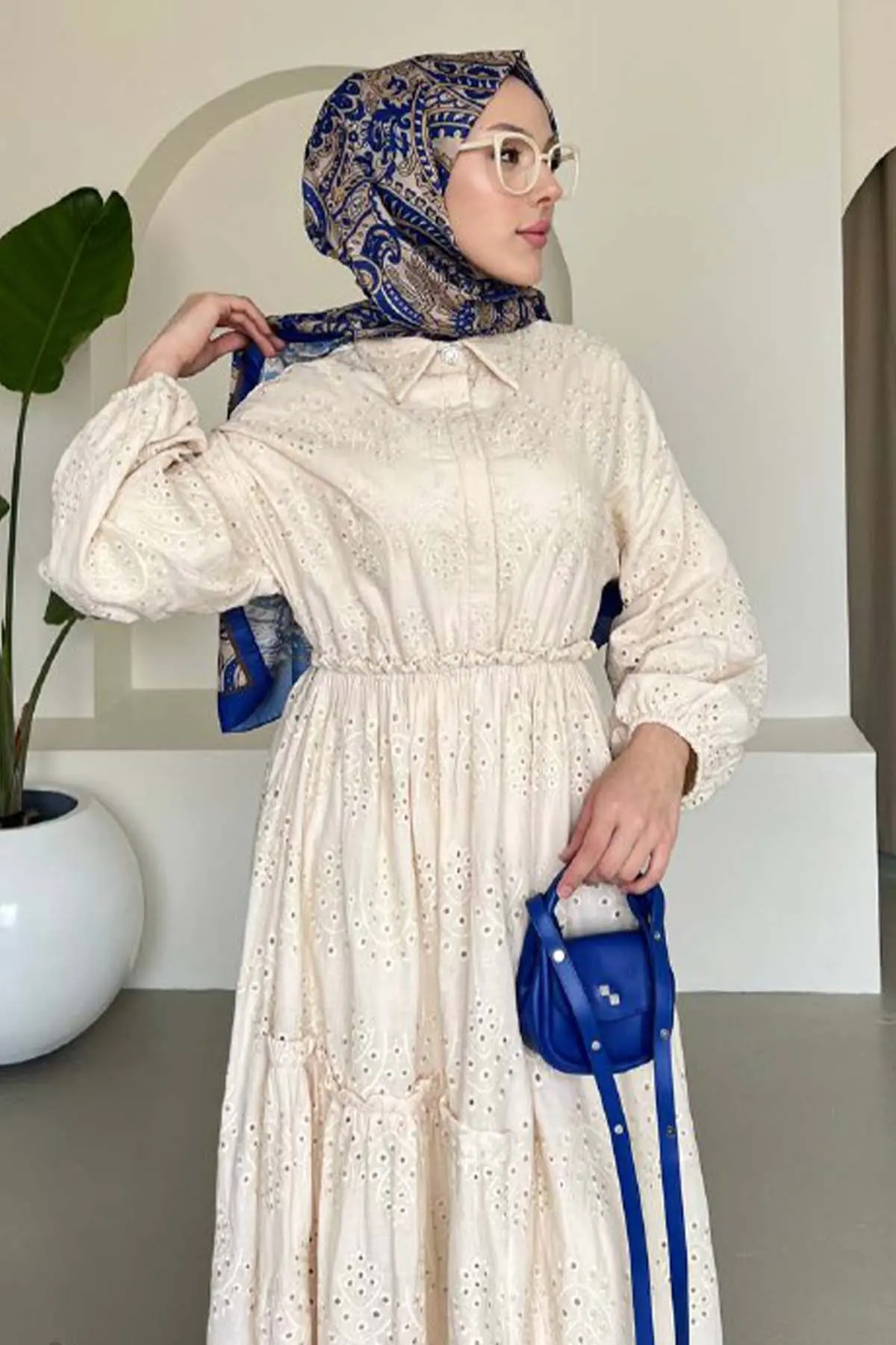 Brode Tesettür Elbise Krem 1009-1-detail