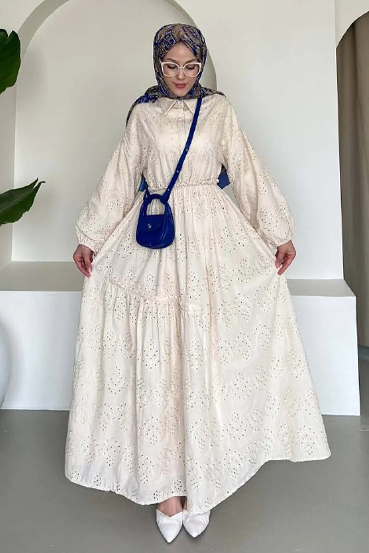 Brode Tesettür Elbise Krem 1009-1-detail