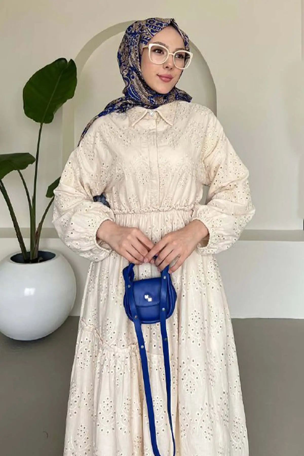 Brode Tesettür Elbise Krem 1009-1-detail