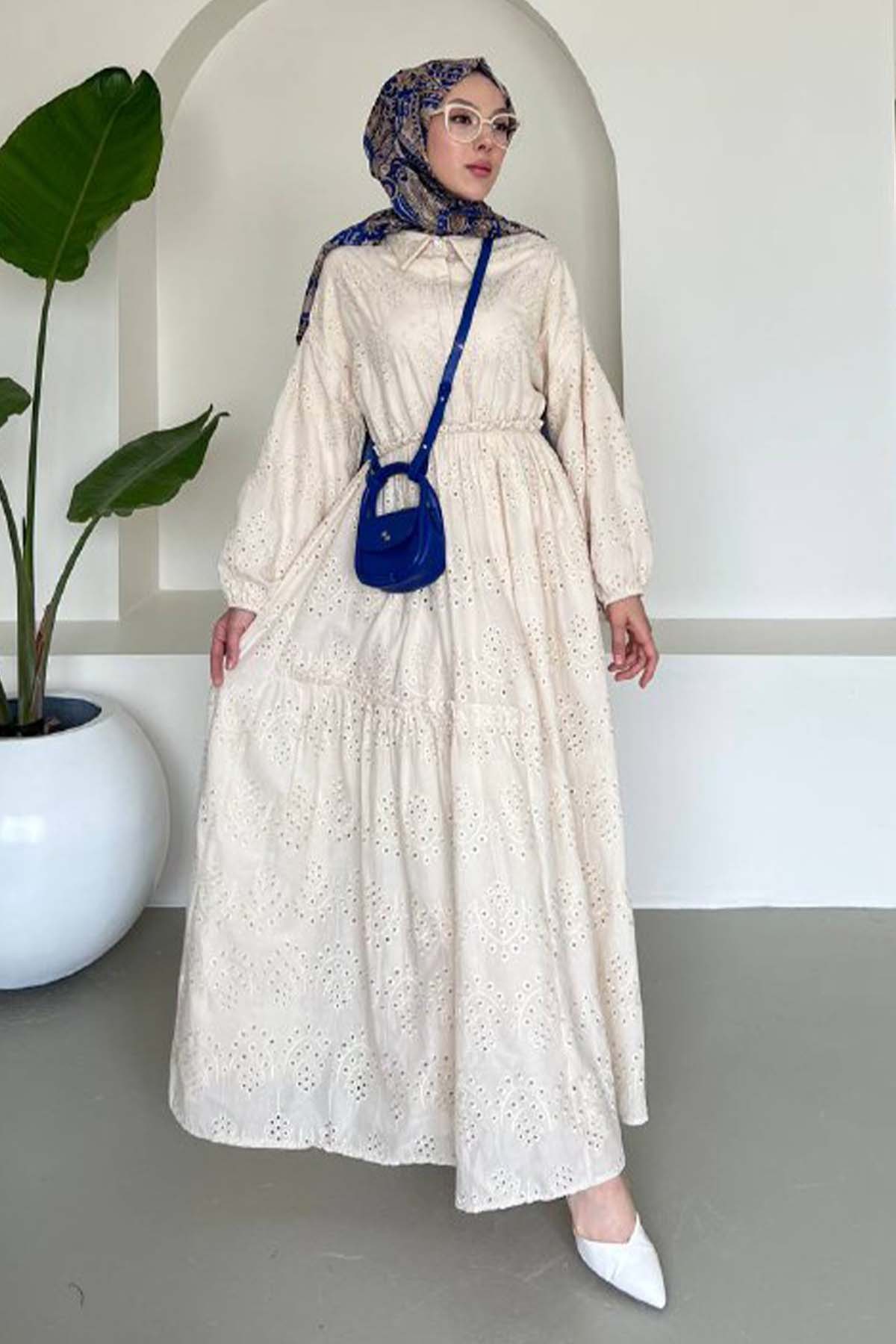 Brode Tesettür Elbise Krem 1009-1