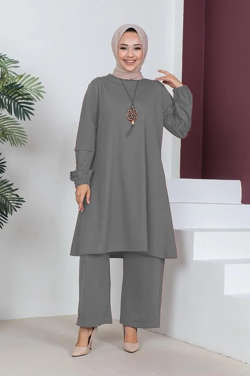 Büyük Beden Double Örme Takım Gri-detail