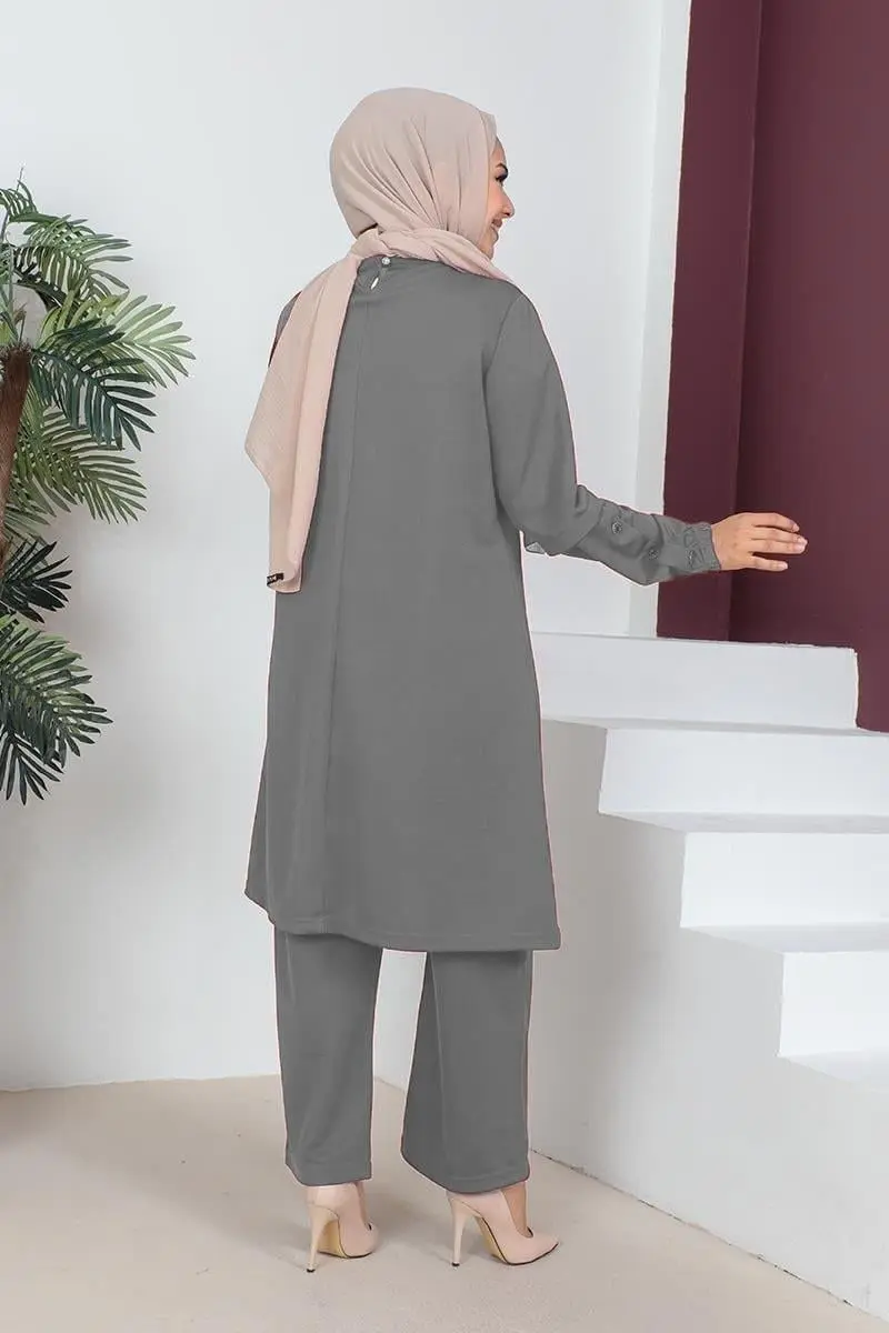 Büyük Beden Double Örme Takım Gri-detail