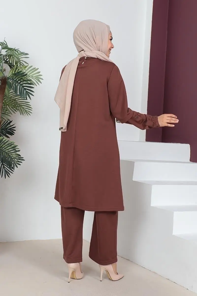 Büyük Beden Double Örme Takım Kahverengi-detail