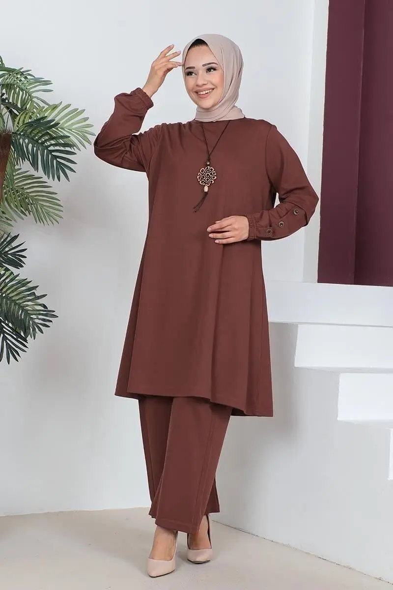 Büyük Beden Double Örme Takım Kahverengi-detail